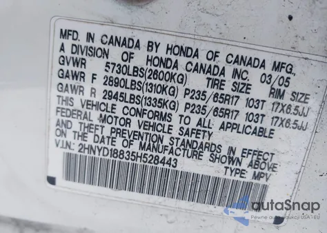 2005 Acura Mdx from USA, damaged, VIN 2HNYD18835H528443